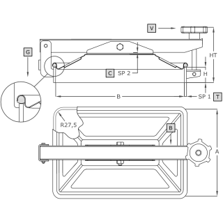 Właz prostokątny nierdzewny A383L (275x365) - rysunek