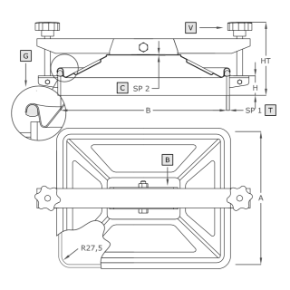 Właz prostokątny nierdzewny A653L (275x360) - rysunek