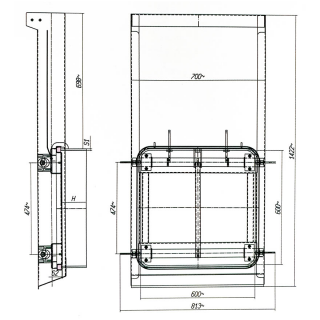 Właz prostokątny nierdzewny (gilotyna, zasuwa) E136 (600x600) - rysunek