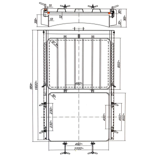 Właz prostokątny nierdzewny (gilotyna, zasuwa) E135 (800x1000) - rysunek